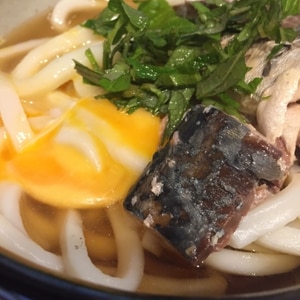 サバ水煮缶と温泉卵のっけ冷やしうどん